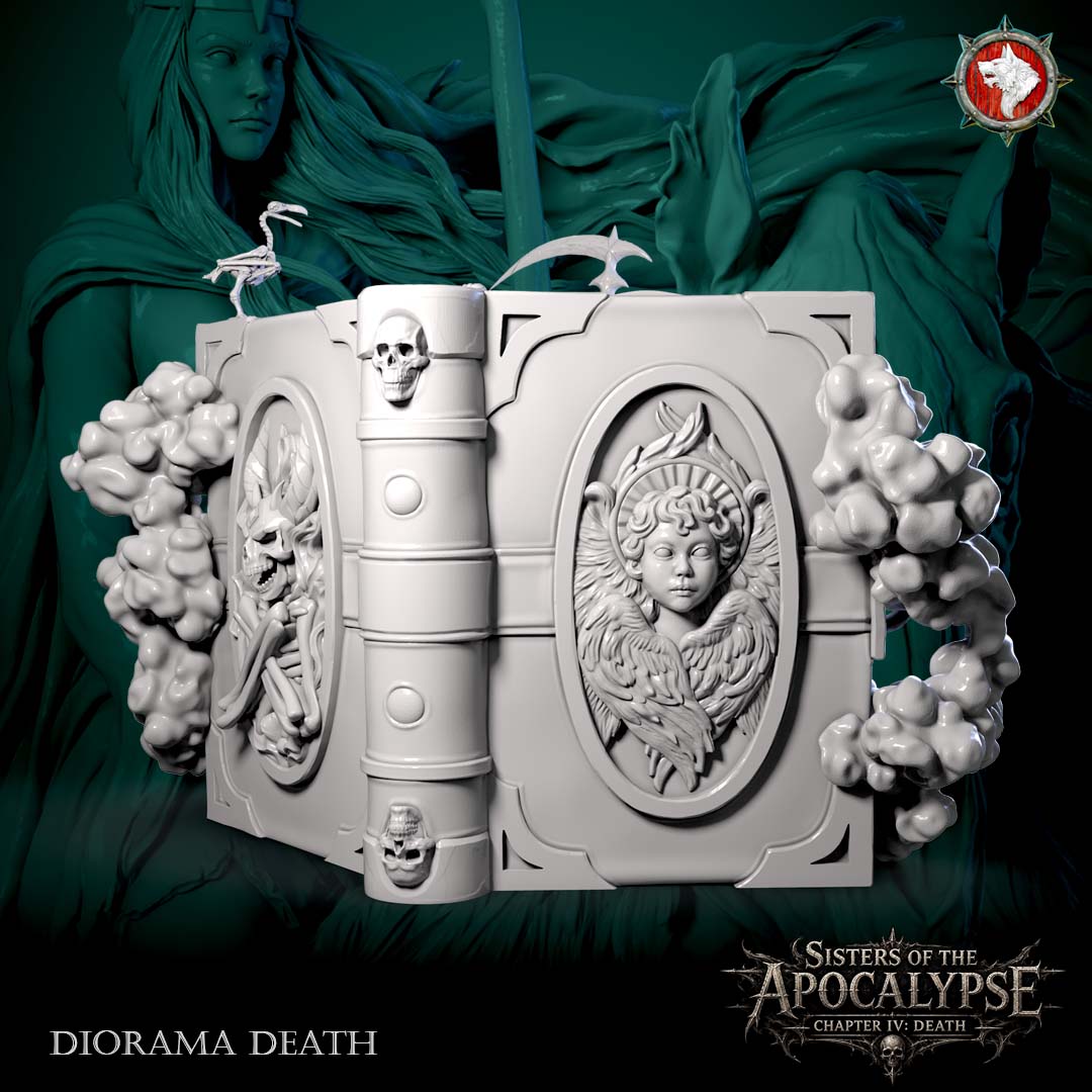 The Eternal Tome closed, the skull-and-bones crest and winged cherub covers used in the Death diorama.