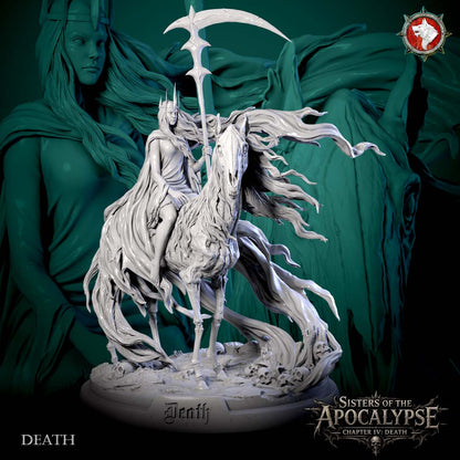 Death, Sister of the Apocalypse: crowned rider in trailing shrouds with a scythe standard on a gaunt skeletal horse, grey resin render by White Werewolf Tavern.
