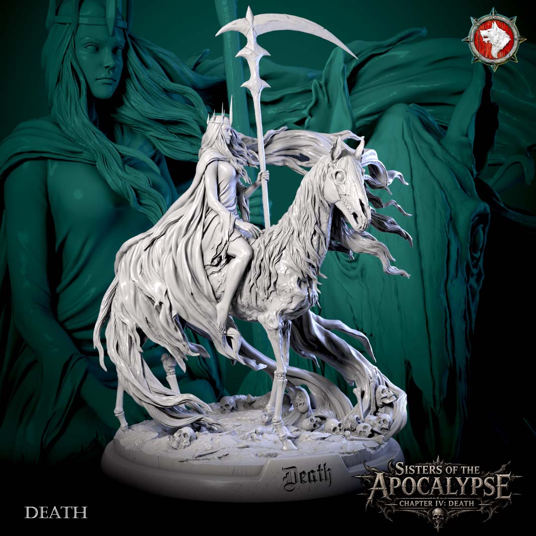 Three-quarter view of Death on the skeletal horse over skull-strewn groundwork.