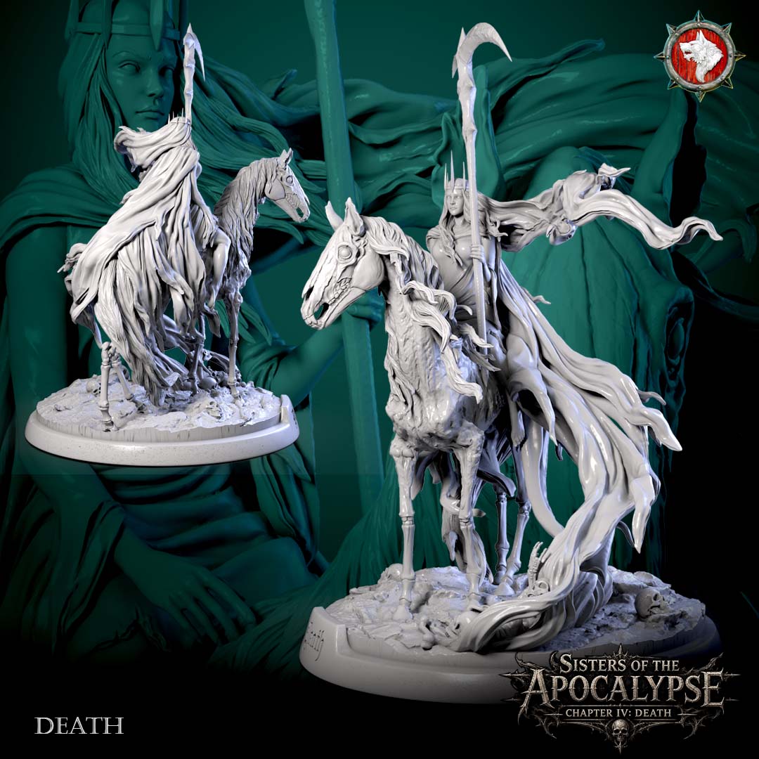 Two views of Death on the 50 mm round scenic base with the scythe standard.