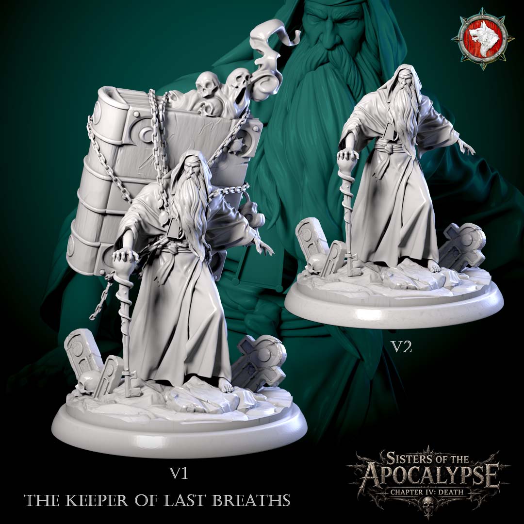 The Keeper of Last Breaths, both sculpts: the hooded elder carrying the great chained tome and the same elder with the staff alone, grey resin renders by White Werewolf Tavern.