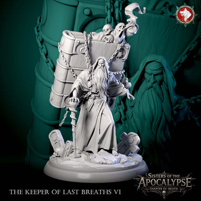 Keeper with the Chained Tome, front view: the chained tome of souls carried on his back above the gravestone groundwork.