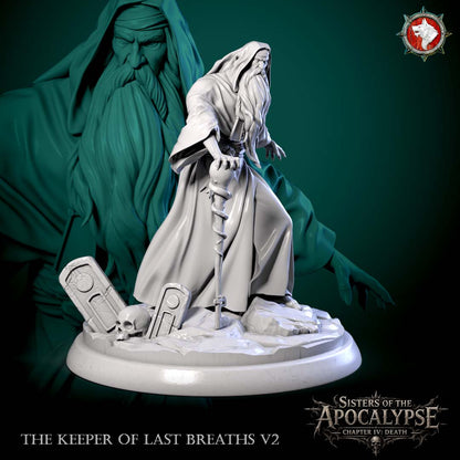 Keeper with the Staff Alone: the hooded elder in a heavy robe over broken gravestones.
