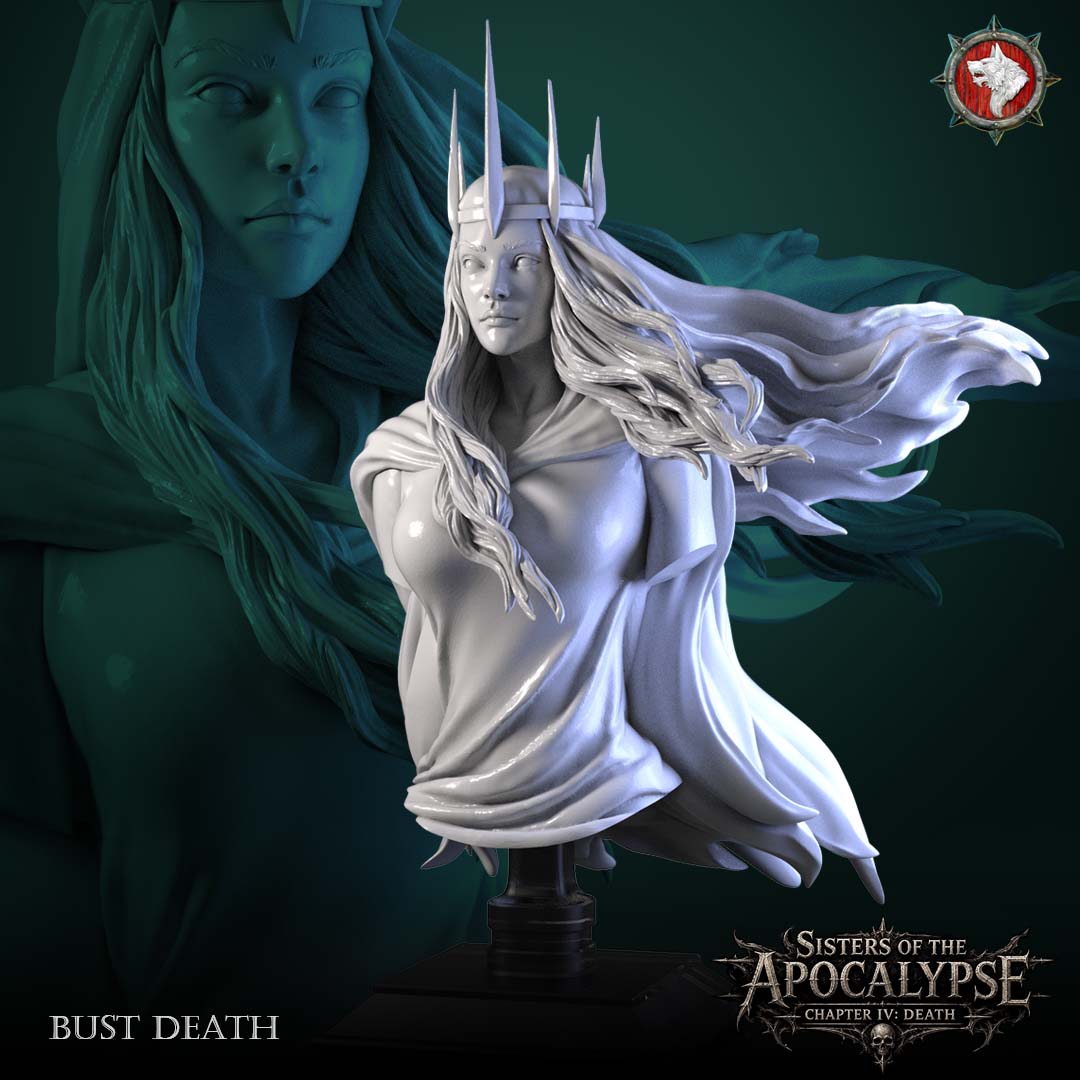 Death Bust: crowned pale figure in a windblown shroud on its display stand, grey resin render by White Werewolf Tavern.