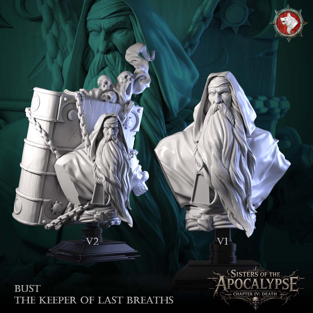 The Keeper of Last Breaths Bust, both sculpts: the hooded elder and the same bust set against the great chained tome, grey resin renders by White Werewolf Tavern.