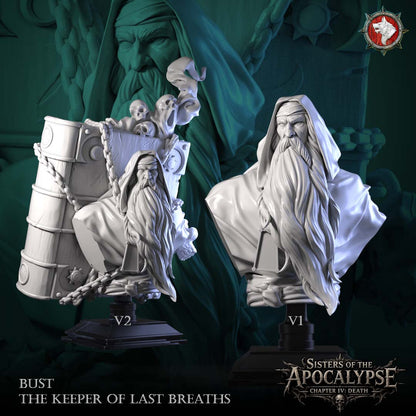 The Keeper of Last Breaths Bust, both sculpts: the hooded elder and the same bust set against the great chained tome, grey resin renders by White Werewolf Tavern.