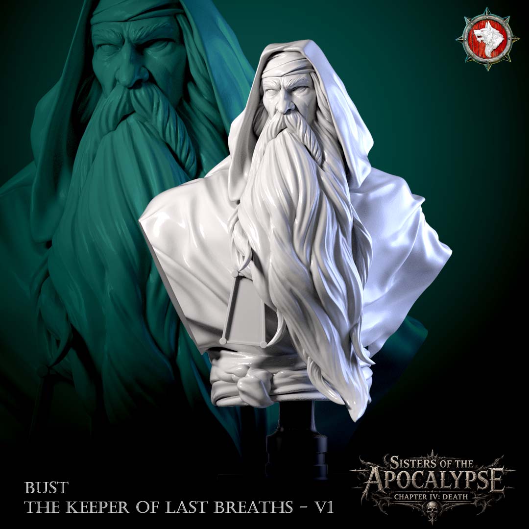 Hooded Keeper bust, front view with the long beard and cowled robe on its display stand.