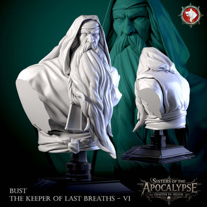 Hooded Keeper bust, front and rear views on the display stand.