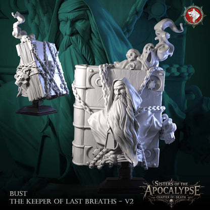 Keeper with the Chained Tome bust: the elder set against the chained tome with souls and smoke rising from its pages.