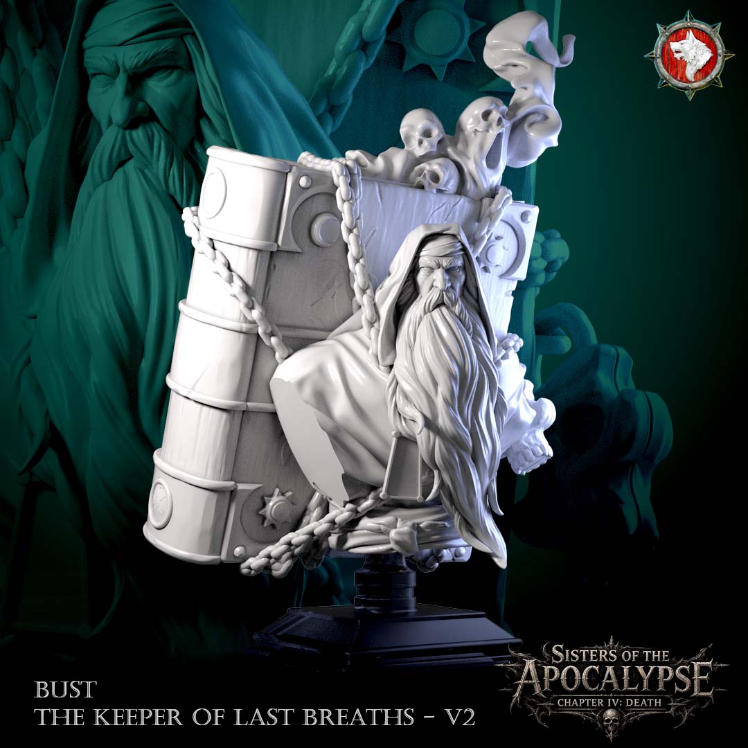 Keeper with the Chained Tome bust, three-quarter view showing the chains and clasped covers.