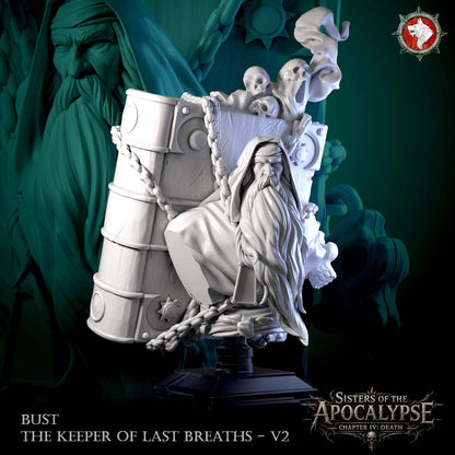 Keeper with the Chained Tome bust, three-quarter view showing the chains and clasped covers.
