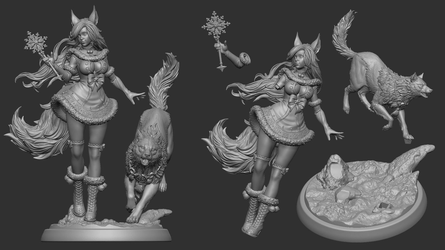 Parts layout for the 32mm Zarya Snezhnaya kit with girl body, right arm, wolf and scenic base