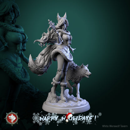 Three-quarter view of the Zarya Snezhnaya miniature showing fur-trimmed dress, flowing hair and tails