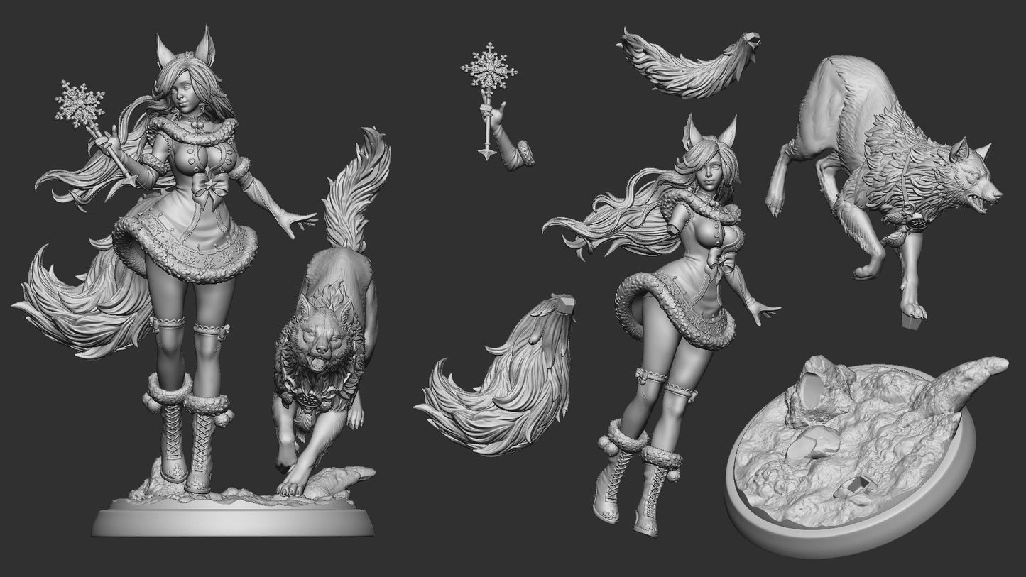 Parts layout for the 75mm Zarya Snezhnaya kit with split girl and wolf pieces