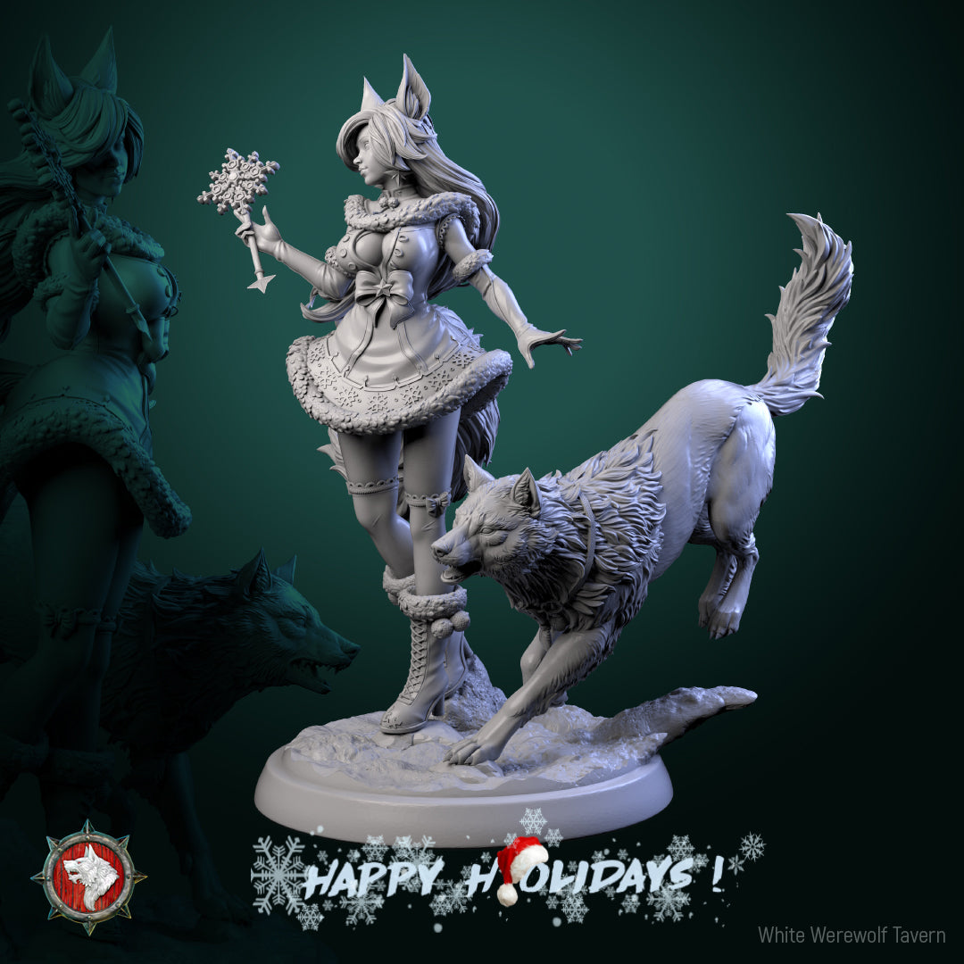 Side view of Zarya Snezhnaya with the wolf bounding across the snow base