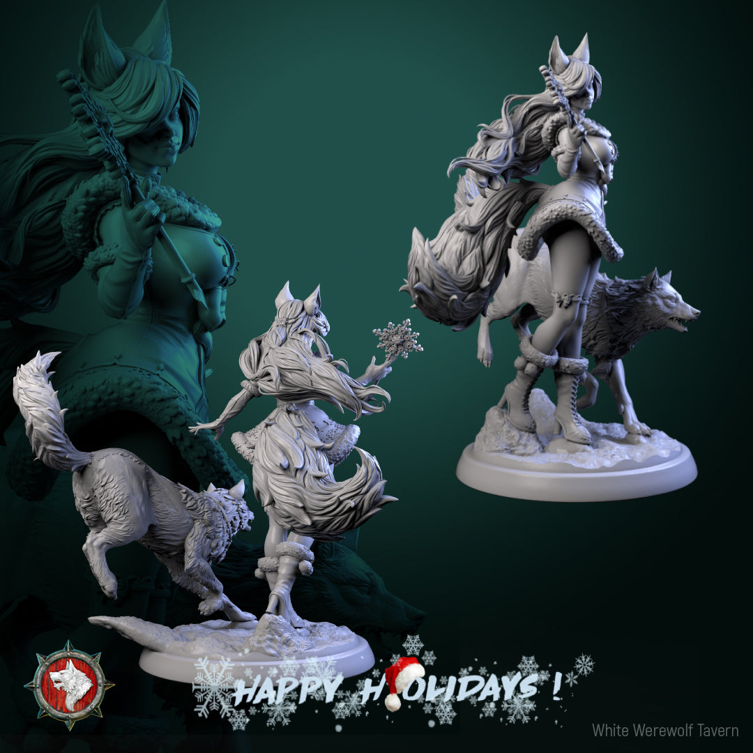 Back views of the Zarya Snezhnaya miniature showing hair, tails and the wolf from behind