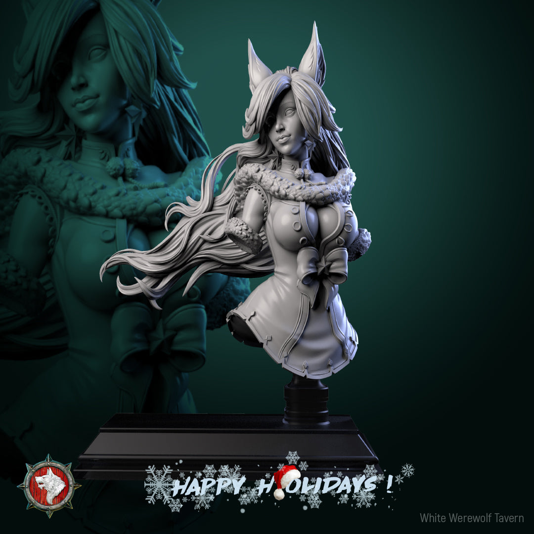 Zarya Snezhnaya bust resin miniature with wolf ears and fur collar on a plinth stand