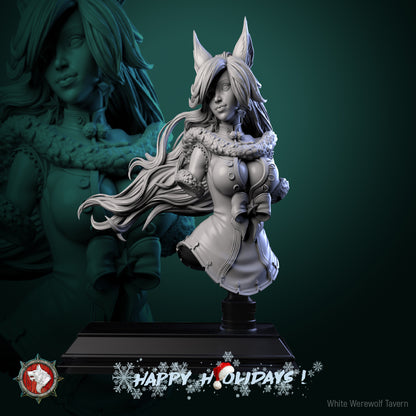 Zarya Snezhnaya bust resin miniature with wolf ears and fur collar on a plinth stand