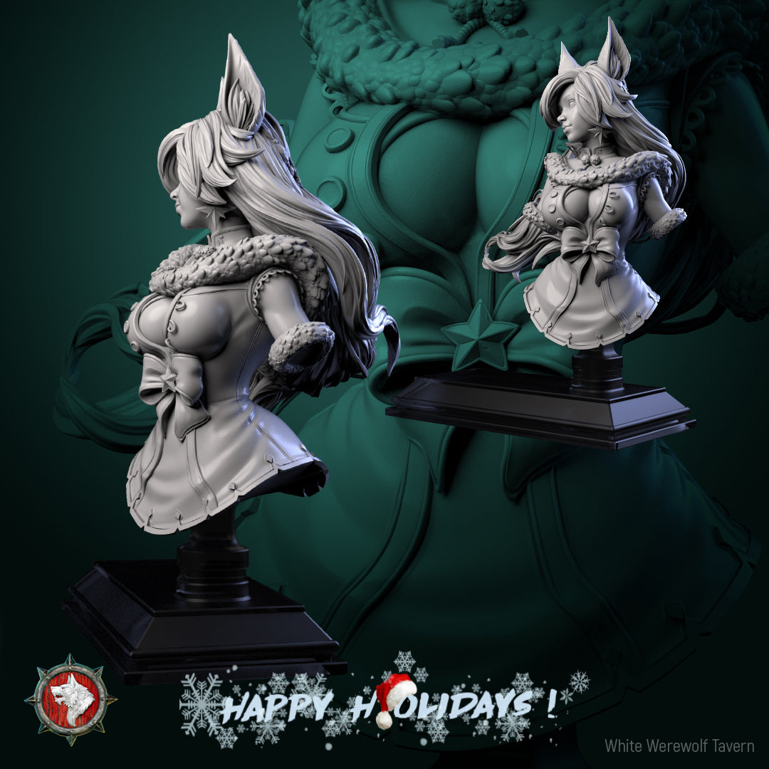 Two angles of the Zarya Snezhnaya bust with bow detail and star ornament on the plinth