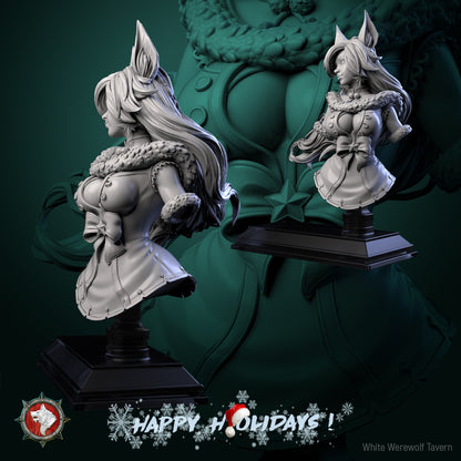 Two angles of the Zarya Snezhnaya bust with bow detail and star ornament on the plinth