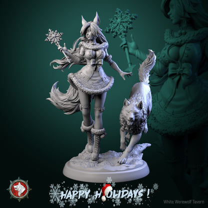 Zarya Snezhnaya resin miniature, snow maiden with snowflake staff and wolf companion on a snowy scenic base