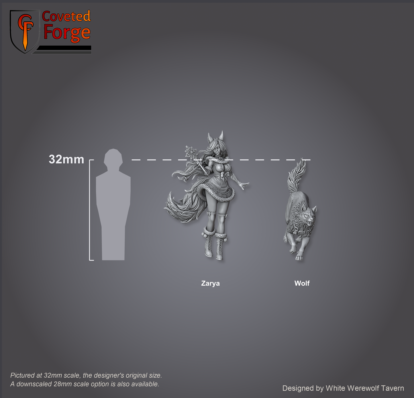 Scale lineup of Zarya Snezhnaya and her wolf at 32mm beside a human silhouette