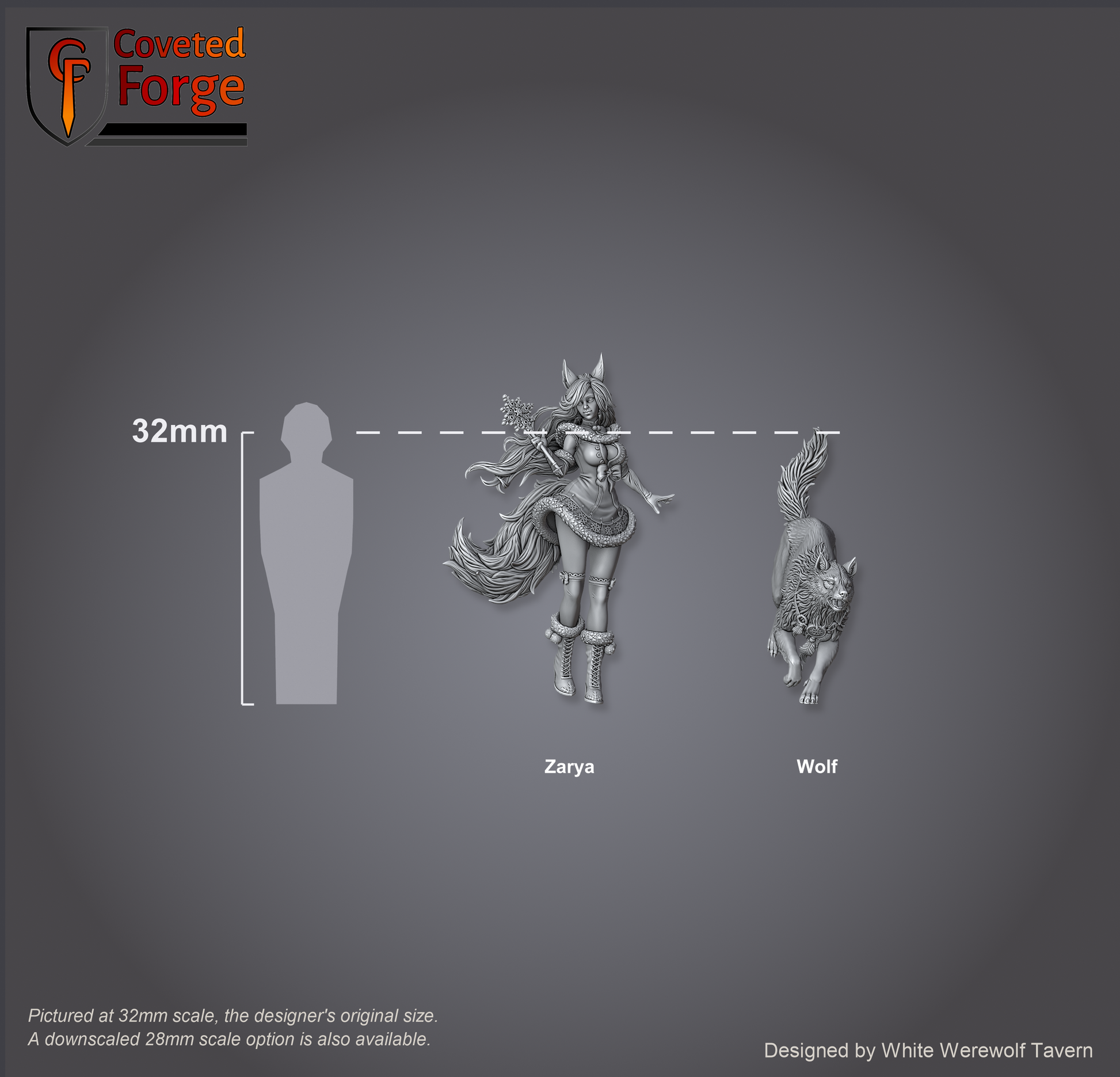 Scale lineup of Zarya Snezhnaya and her wolf at 32mm beside a human silhouette