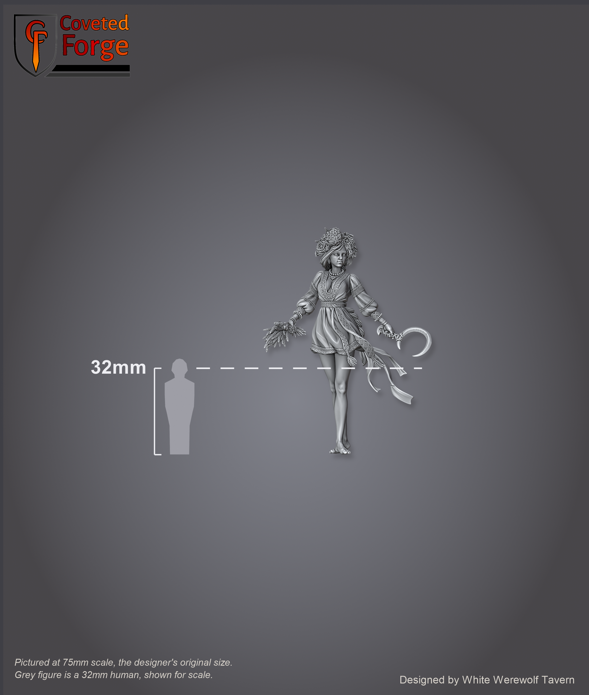 Scale reference: Zarya Poleva Display Model at 75mm scale beside a 32mm human silhouette