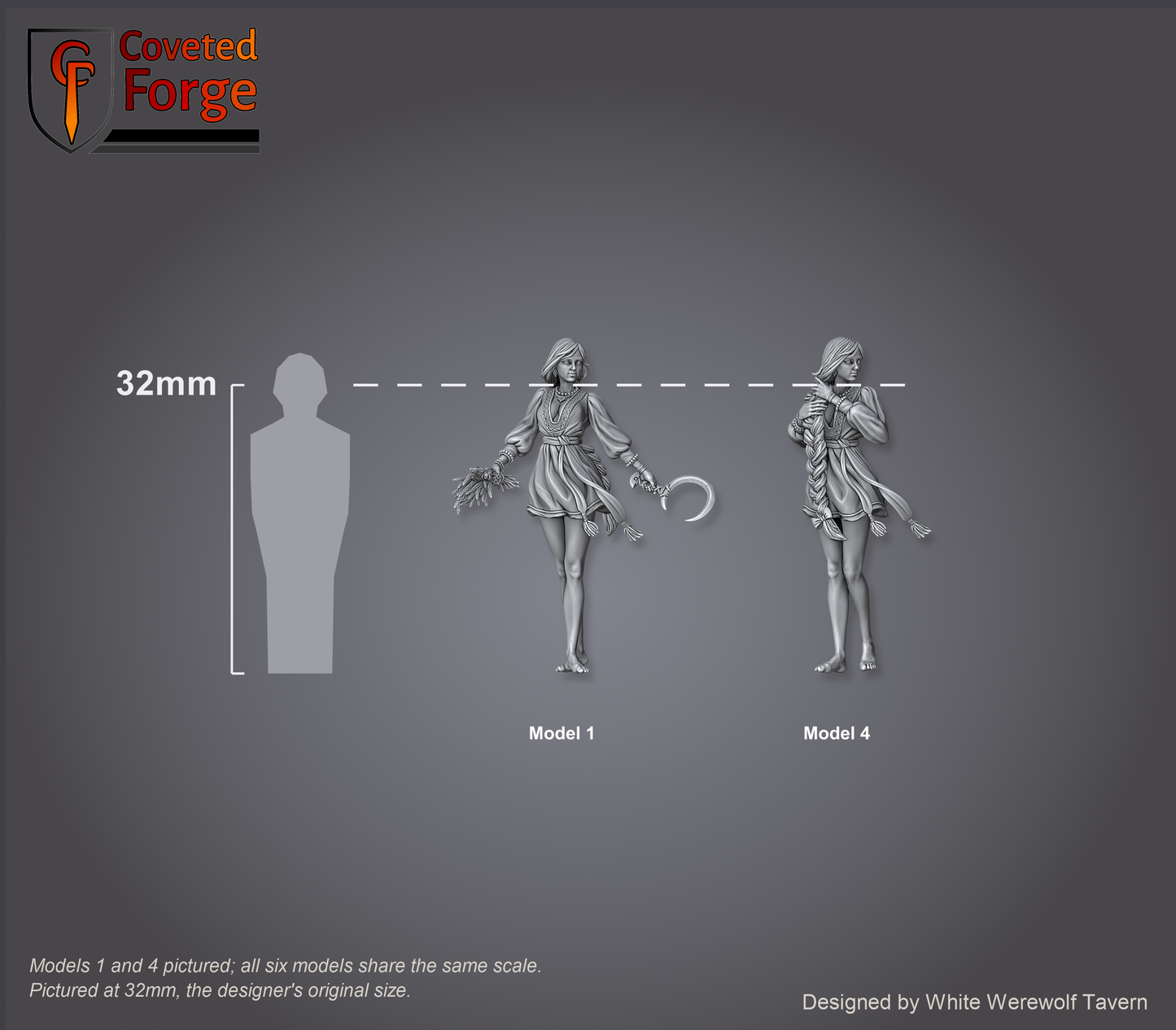 Scale reference: Zarya Poleva Models 1 and 4 at 32mm scale beside a 32mm human silhouette; all six models share the same scale