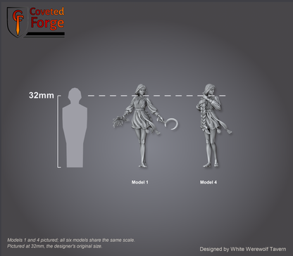 Scale reference: Zarya Poleva Models 1 and 4 at 32mm scale beside a 32mm human silhouette; all six models share the same scale