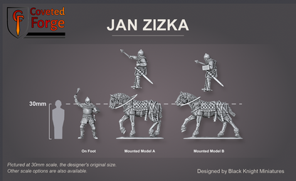 Coveted Forge scale reference: Jan Zizka On Foot, Mounted Model A and Mounted Model B, each rider floated above his own horse, side view, beside a 30mm human silhouette; the shield is a separate piece, with a 28mm downscale also available