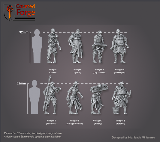 Zombie Villagers scale lineup by Coveted Forge, three-quarter view beside a 32mm human silhouette, every villager labelled: Villager 1 (Vest), Villager 2 (Friar), Villager 3 (Log Carrier), Villager 4 (Innkeeper), Villager 5 (Pitchfork), Villager 6 (Village Woman), Villager 7 (Pillory), Villager 8 (Butcher)