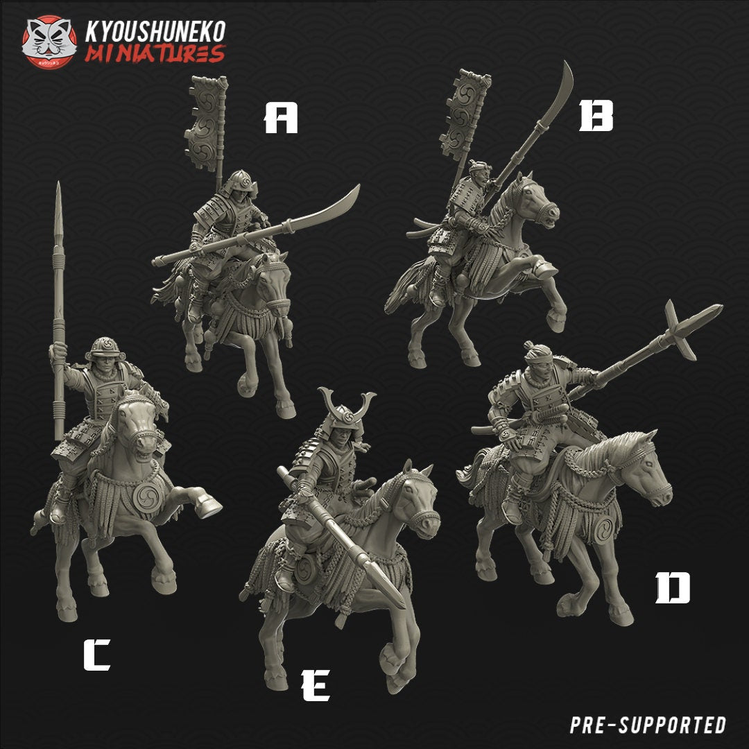 Japanese Mounted Samurai Spearmen | Resin 3D Printed Miniatures | Kyoushuneko | Table Top Gaming | RPG | D&D | Pathfinder