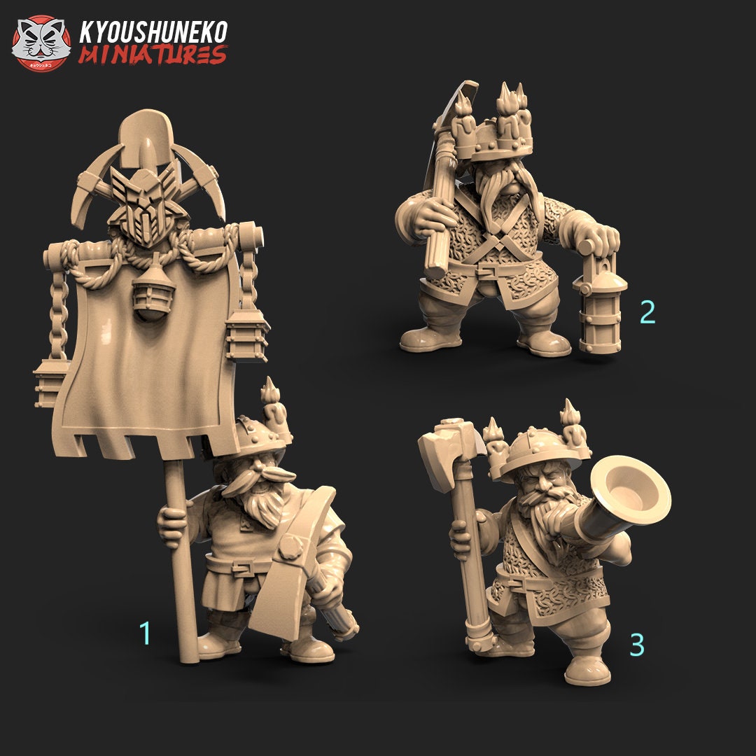 Dwarf Miner Command Group | Resin 3D Printed Miniatures | Kyoushuneko | Table Top Gaming | RPG | D&D | Pathfinder