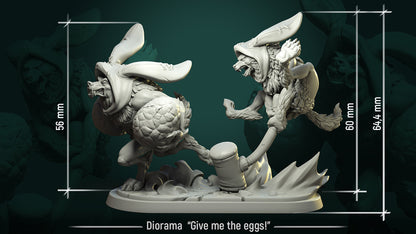 Werewolf Bunny / Diorama / Give Me The Eggs! | Resin 3D Printed Miniature | White Werewolf Tavern