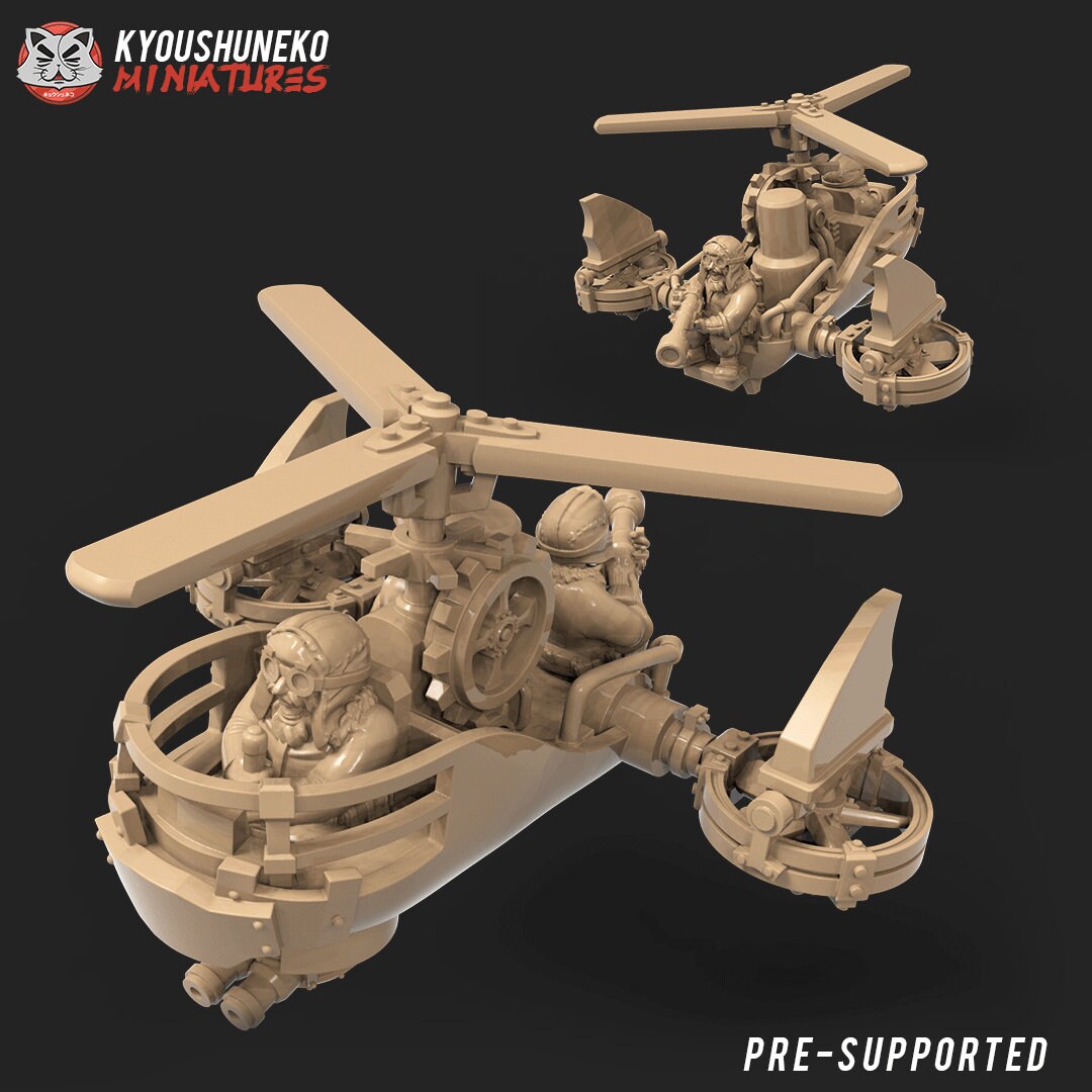 Dwarf Steam Gyrocopter | Resin 3D Printed Miniatures | Kyoushuneko | Table Top Gaming | RPG | D&D | Pathfinder