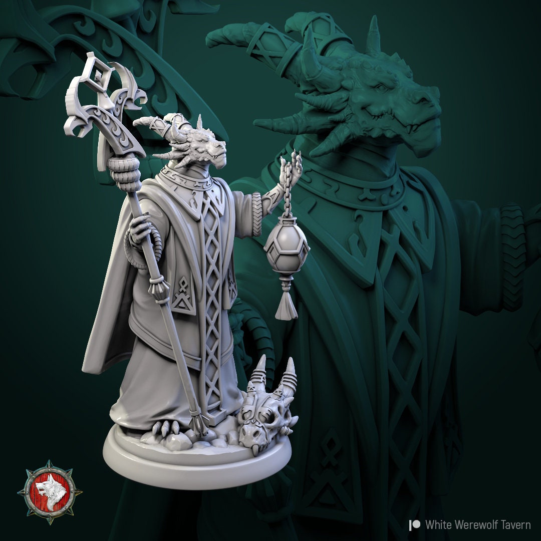 Dragonborn High Priest | Resin 3D Printed Miniature | White Werewolf Tavern