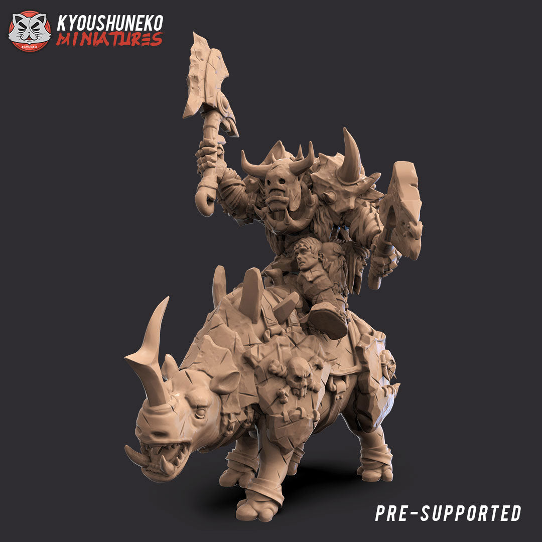 Orc Warboss on Rhino | Resin 3D Printed Miniatures | Kyoushuneko | Table Top Gaming | RPG | D&D | Pathfinder