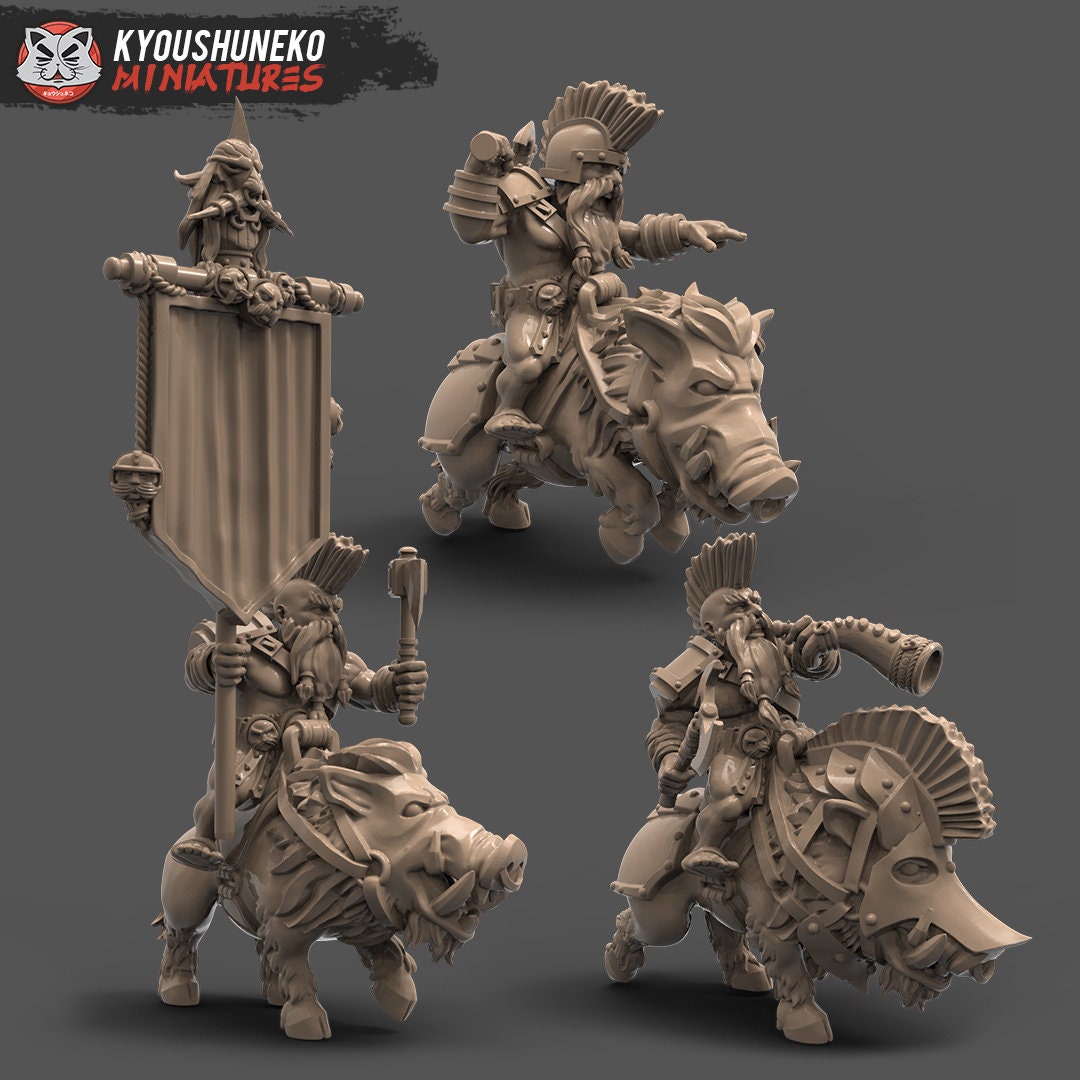 Dwarf Mounted Slayer Command Group | Resin 3D Printed Miniatures | Kyoushuneko | Table Top Gaming | RPG | D&D | Pathfinder
