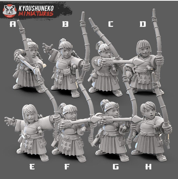 Japanese Female Dwarf Ranged Samurai (Archers/Gunners) | Resin 3D Printed Miniatures | Kyoushuneko | Table Top Gaming | RPG | D&D