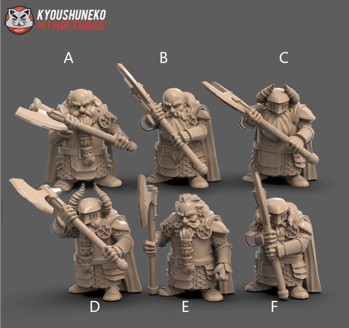 Dwarf Warriors (Multiple Weapon Options) | Resin 3D Printed Miniatures | Kyoushuneko | Table Top Gaming | RPG | D&D | Pathfinder