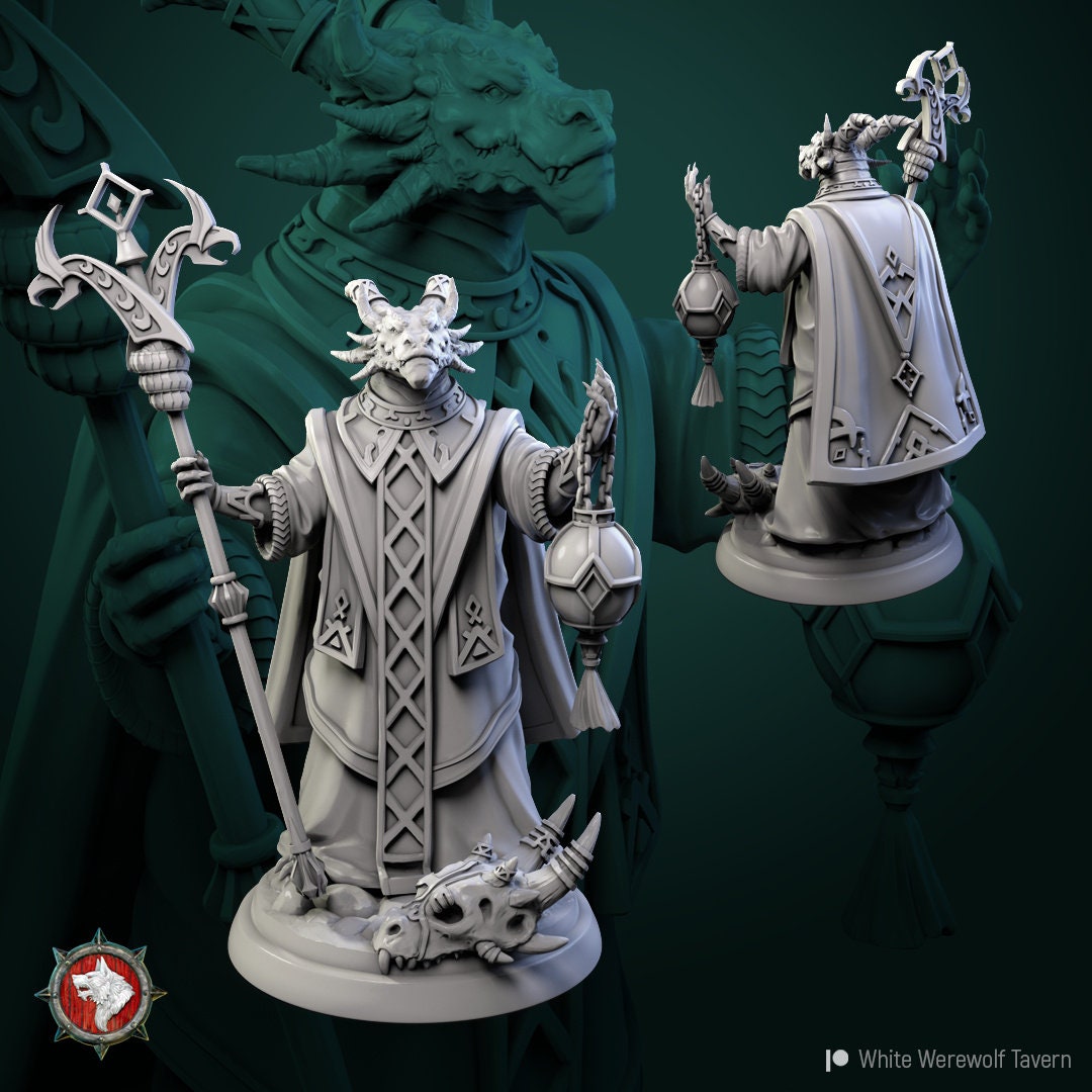Dragonborn High Priest | Resin 3D Printed Miniature | White Werewolf Tavern