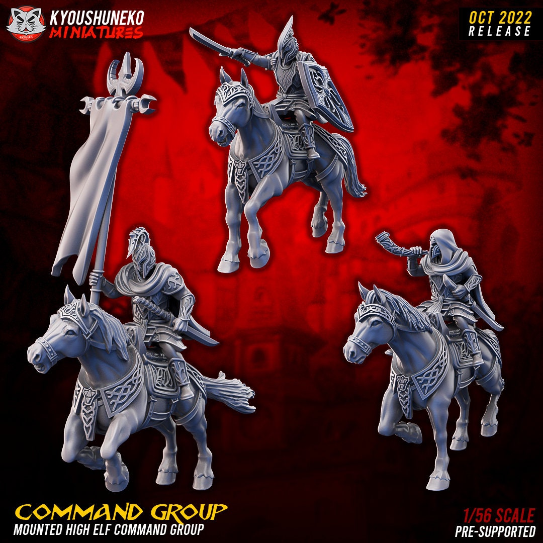 High Elf Mounted Command Group | Resin 3D Printed Miniatures | Kyoushuneko | Table Top Gaming | RPG | D&D | Pathfinder