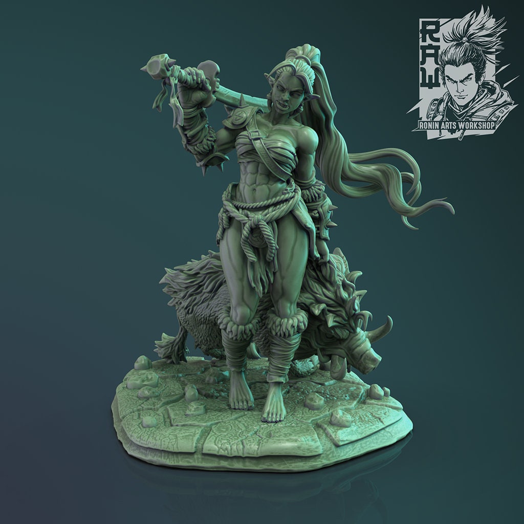 Orc Female Blade Master with Boar Pet | Claws of Hacta | 35mm Scale | Resin 3D Printed Miniature | Ronin Arts Workshop | Guild Wars