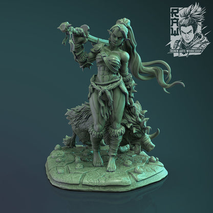 Orc Female Blade Master with Boar Pet | Claws of Hacta | 35mm Scale | Resin 3D Printed Miniature | Ronin Arts Workshop | Guild Wars