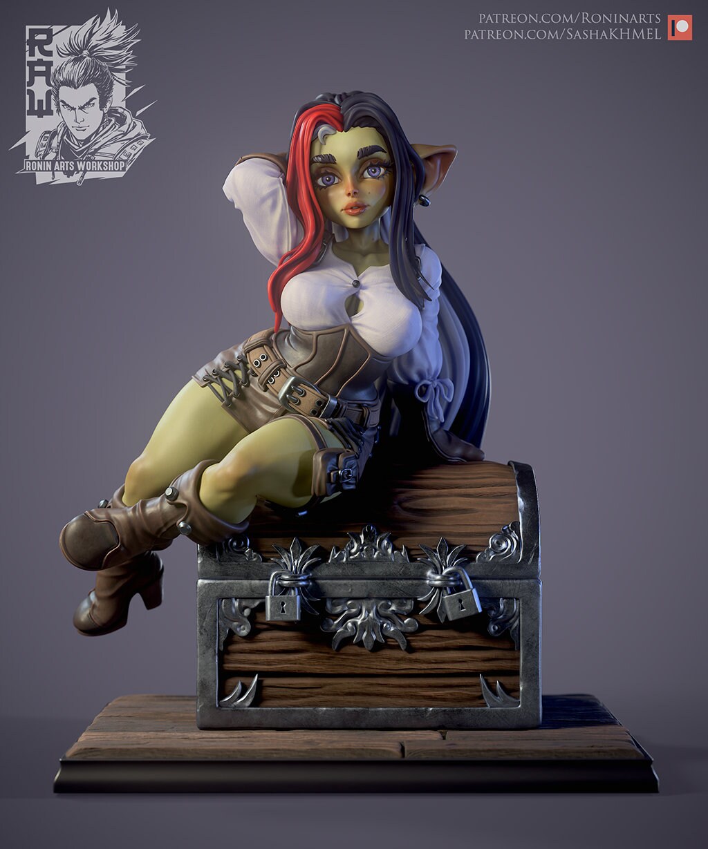 Goblin Girl Pinup (Angy) | Nude or Clothed | 75/120mm Scale | Resin 3D Printed Miniature | Ronin Arts Workshop