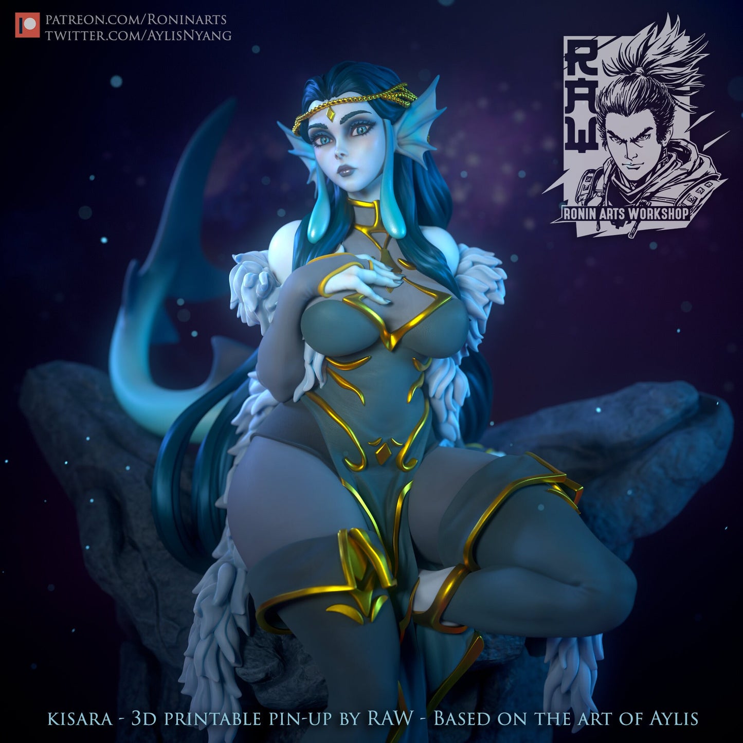 Kisara The Siren Pin-Up | Clothed or Nude | Resin 3D Printed Pinup | Ronin Arts Workshop