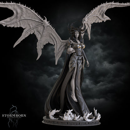 Statue of a winged figure with dark clothing and skull details against a dark background, featuring the brand 'Stormborn'.