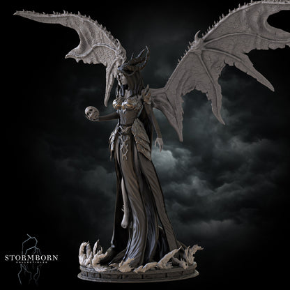 Statue of a winged figure with dark clothing and skull details against a dark background, featuring the brand 'Stormborn'.