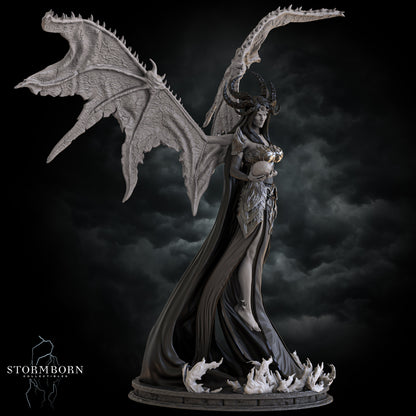 Statue of a winged figure with dark clothing and skull details against a dark background, featuring the brand 'Stormborn'.